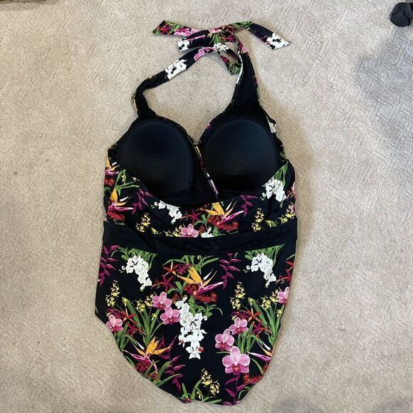 G.I.L.I. Plus Size 24W Black Floral Print One Piece Swimsuit Halter Padded NEW - Picture 8 of 11